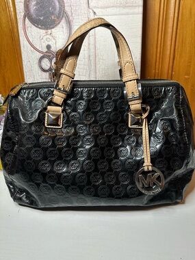 Michael Kors Black Patent Satchel with Beige Handles